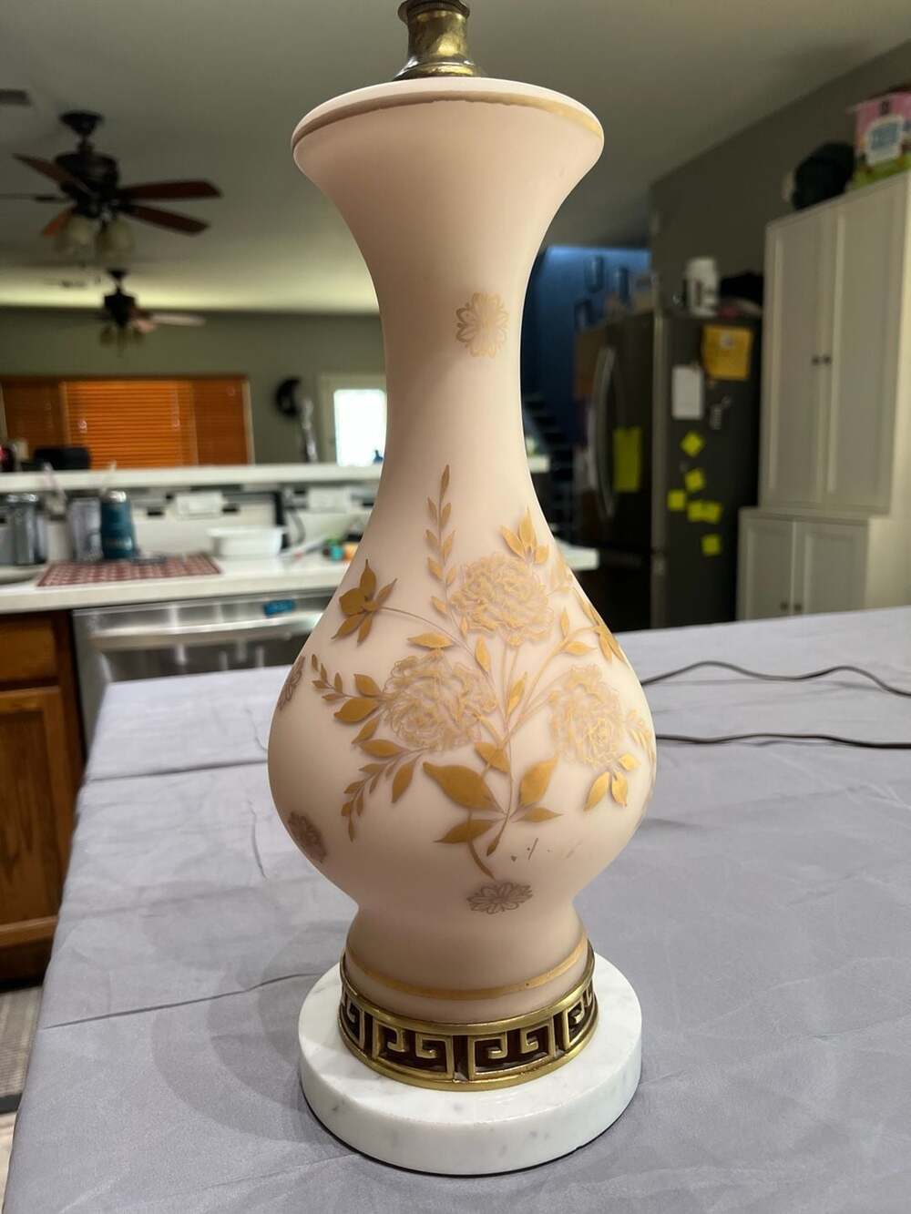 Vintage Fenton Peach Satin Glass Lamp Hand Painted Gold Floral Greek Marble Base